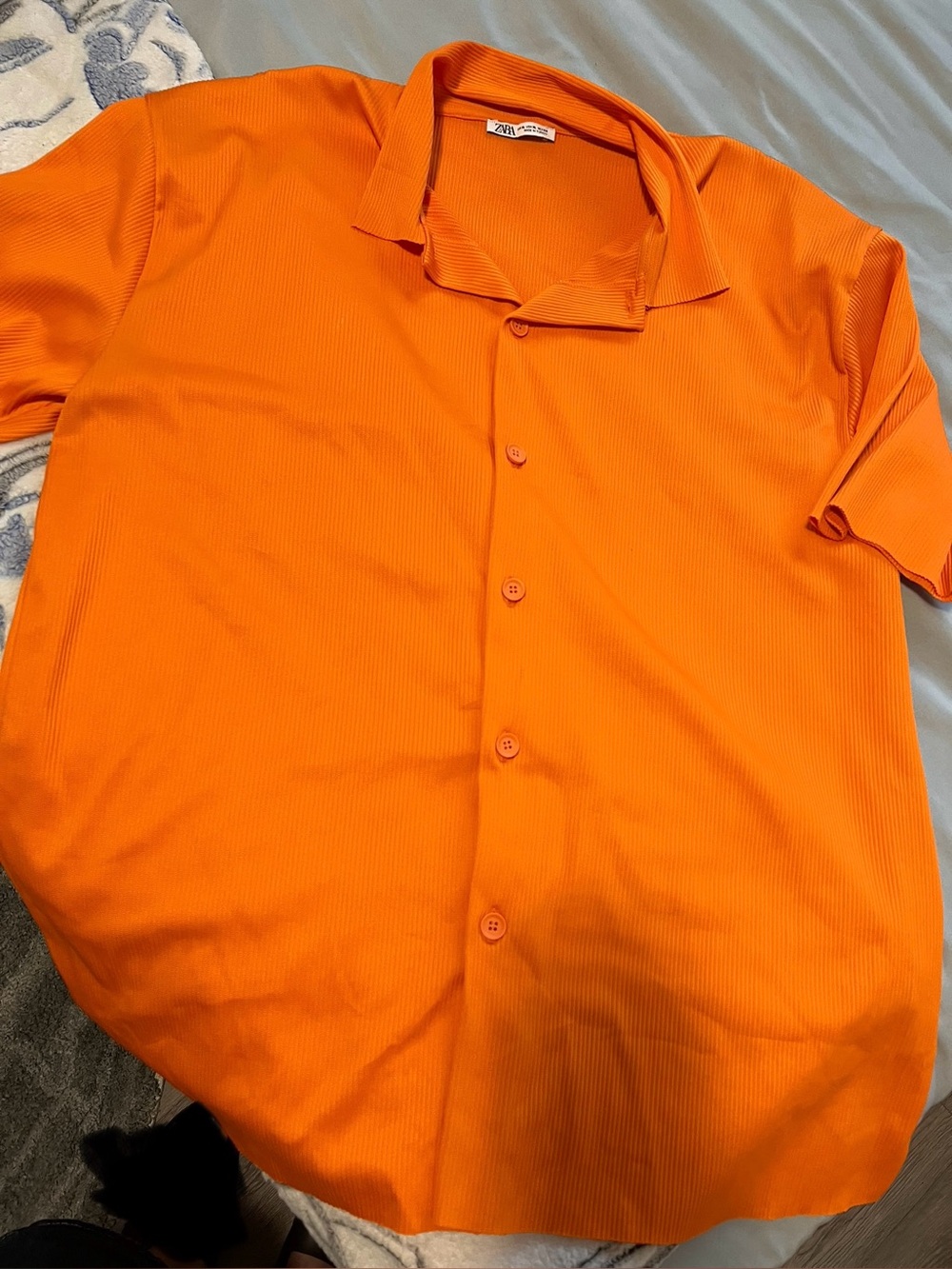 Men’s Zara orange ribbed button up short sleeve shirt XL
